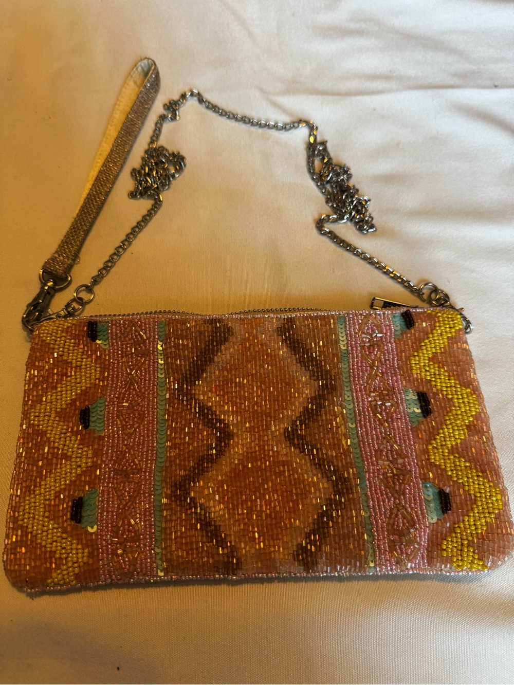 Claire's Beaded Peach, Yellow & Pink Crossbody Bag with Silver Chain